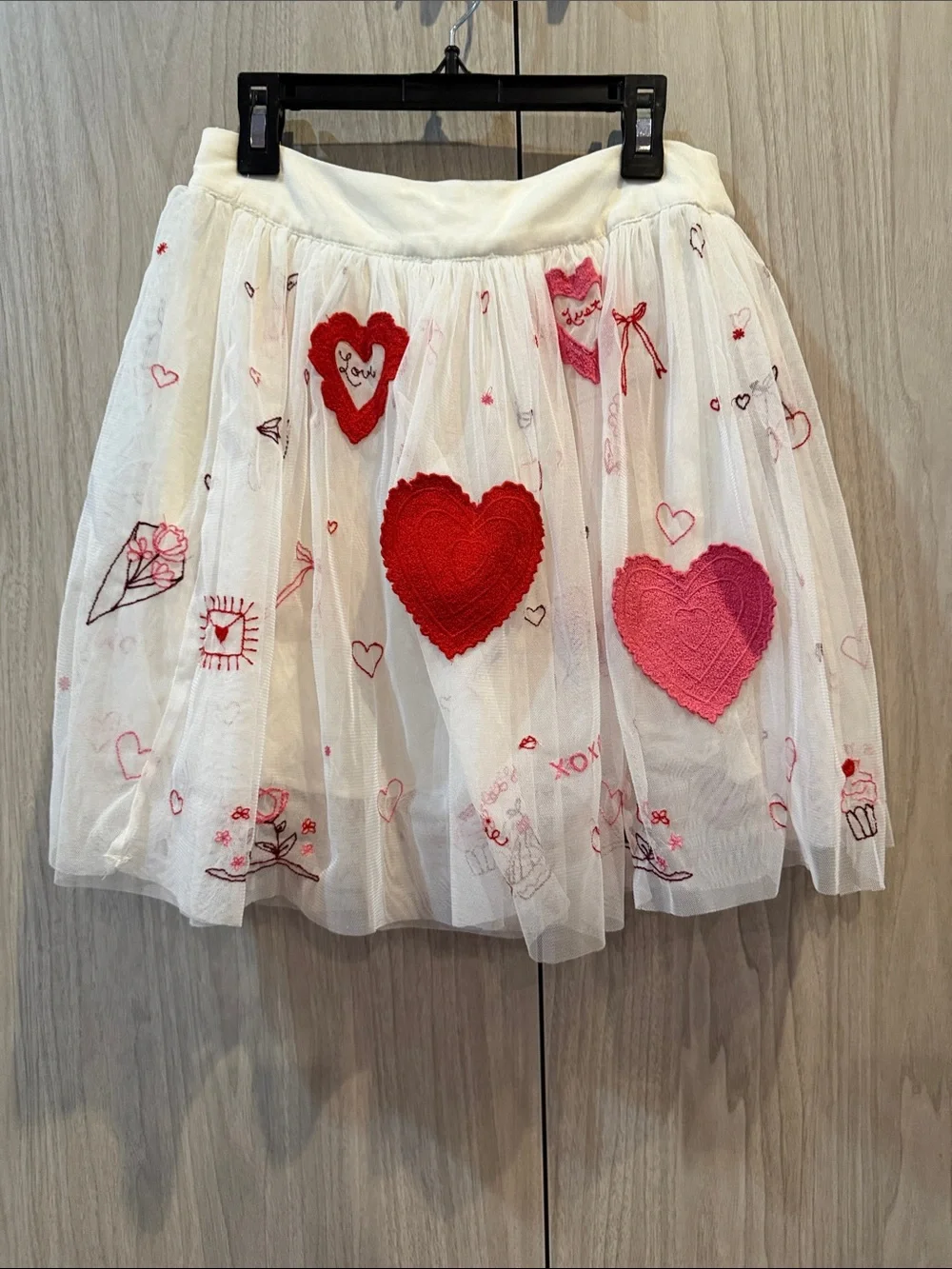 Free People White Tulle Skirt with Red & Pink Heart Appliqués